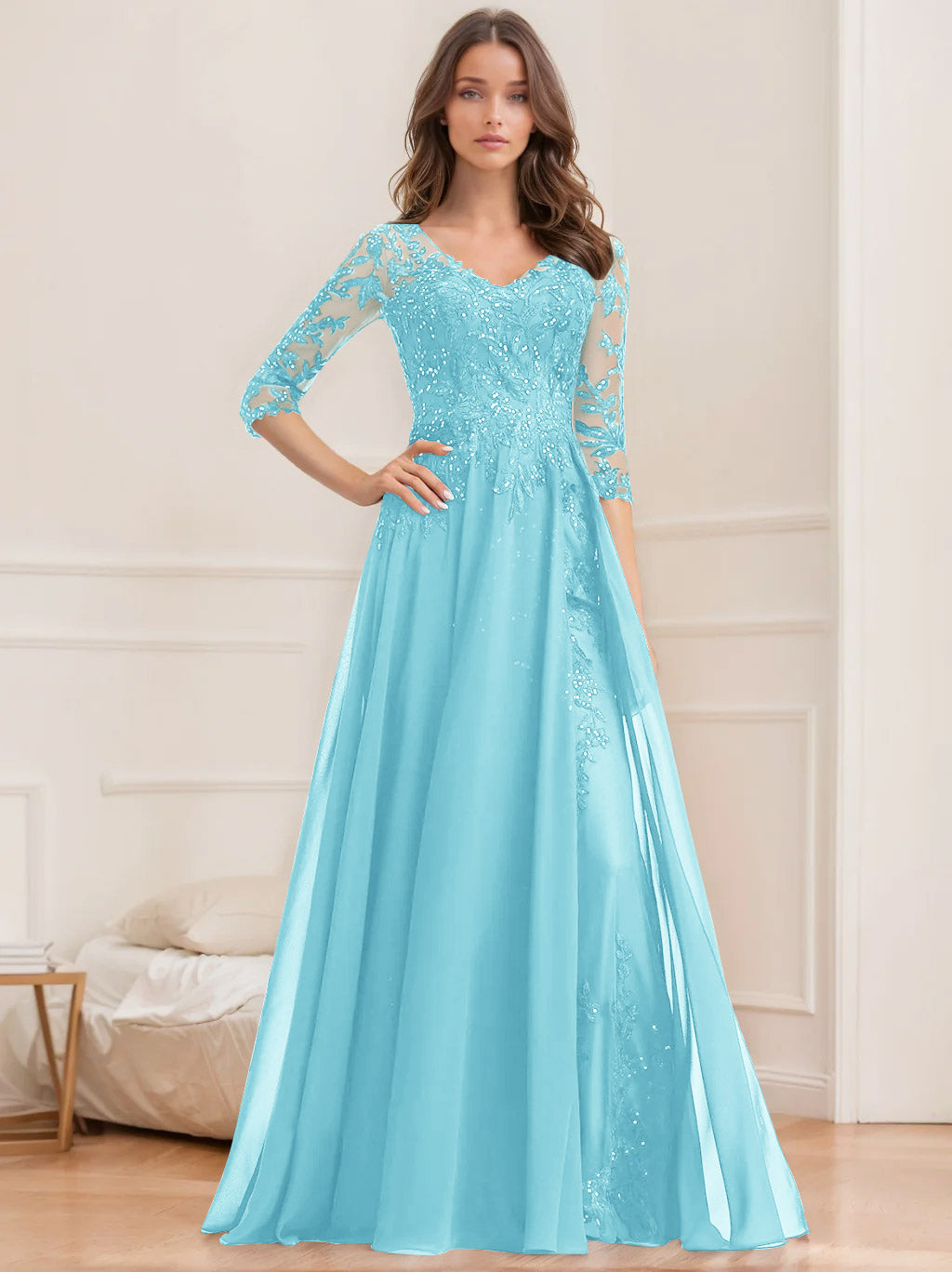 Long V Neck A Line Mother of the Bride Dresses with Half Sleeves and Sequins