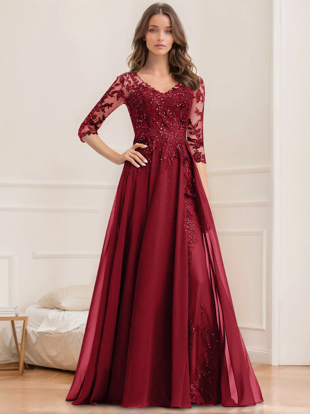 Long V Neck A Line Mother of the Bride Dresses with Half Sleeves and Sequins