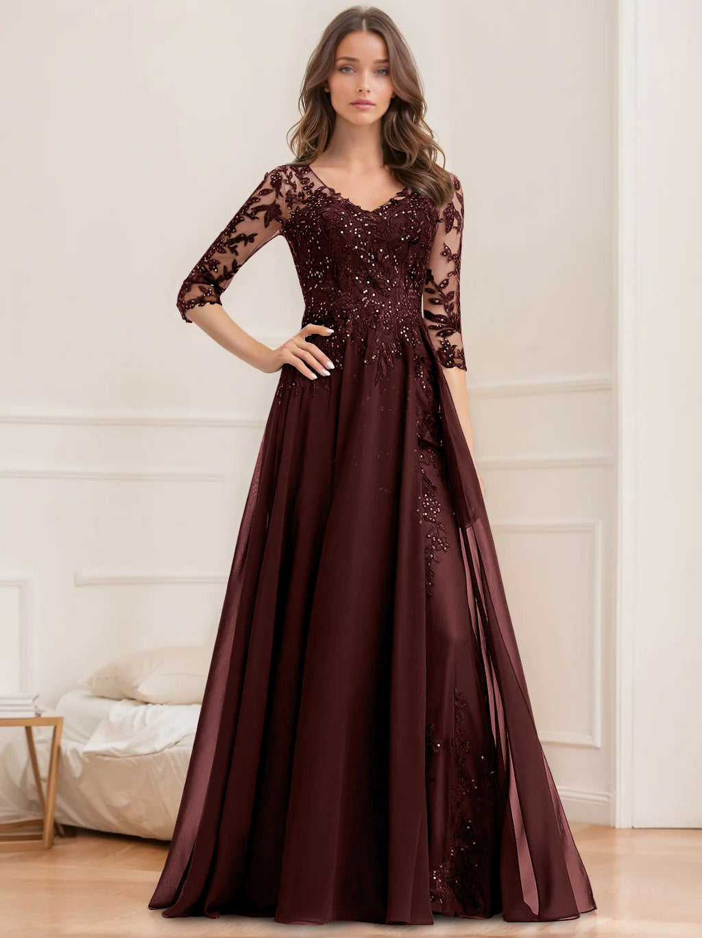 Long V Neck A Line Mother of the Bride Dresses with Half Sleeves and Sequins