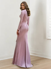 Long V Neck Sheath Column Gown with Long Sleeves and Crepe Beading for Plus Size Mothers of the Bride