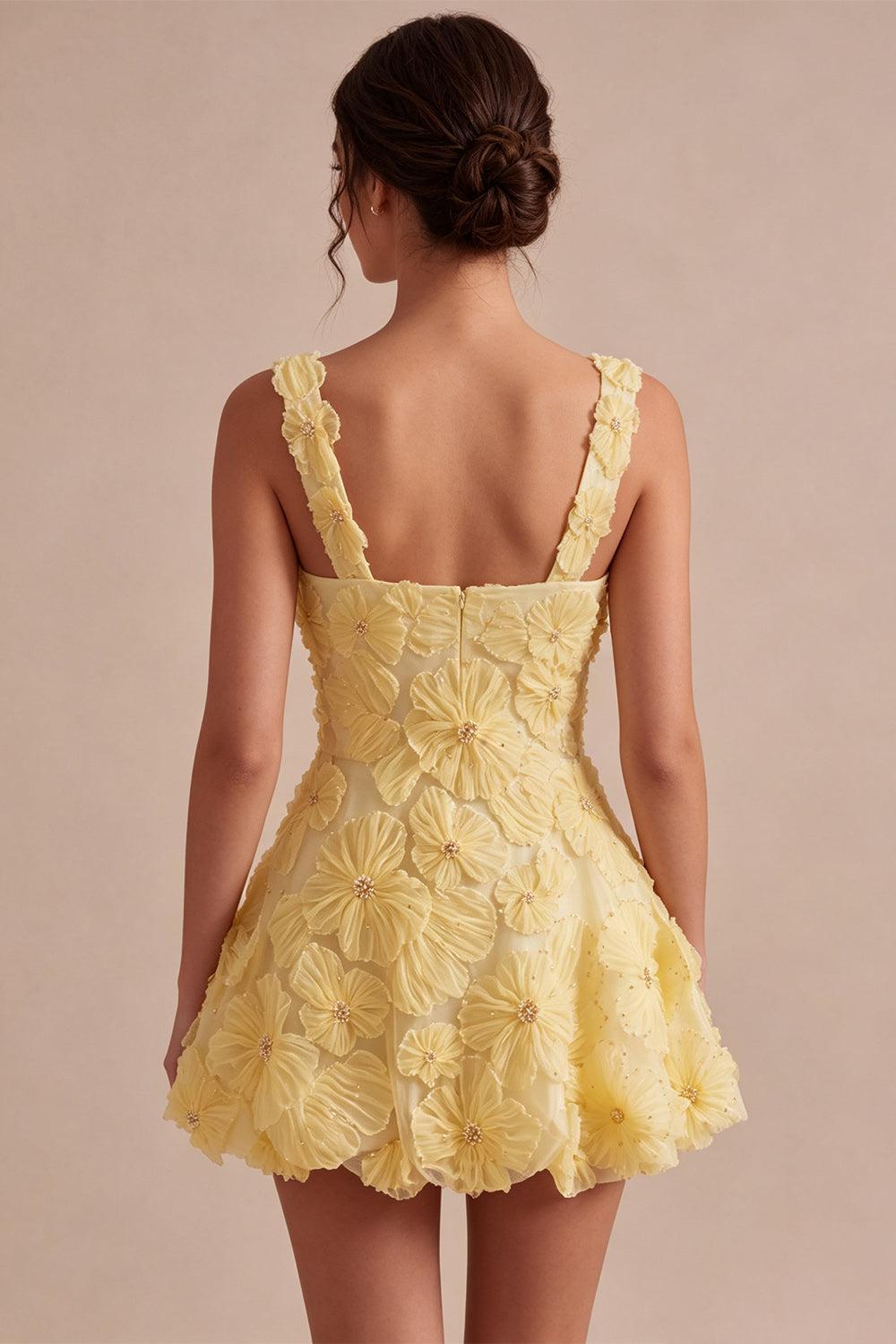 Floral A Line Beaded Light Yellow Bubble Short Homecoming Dress