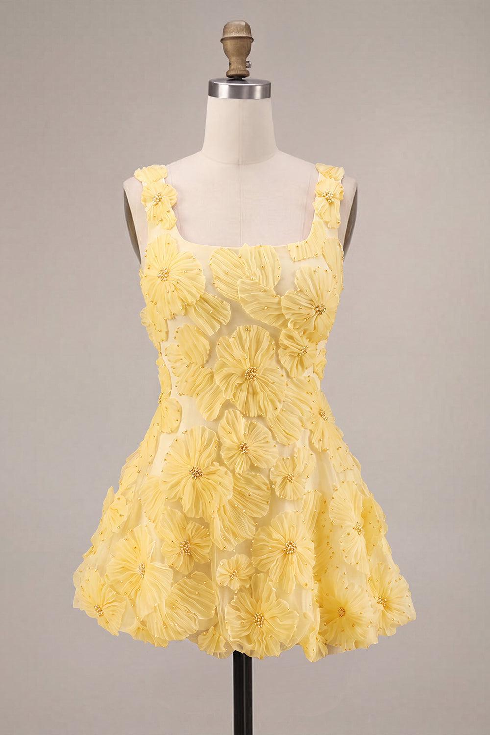 Floral A Line Beaded Light Yellow Bubble Short Homecoming Dress
