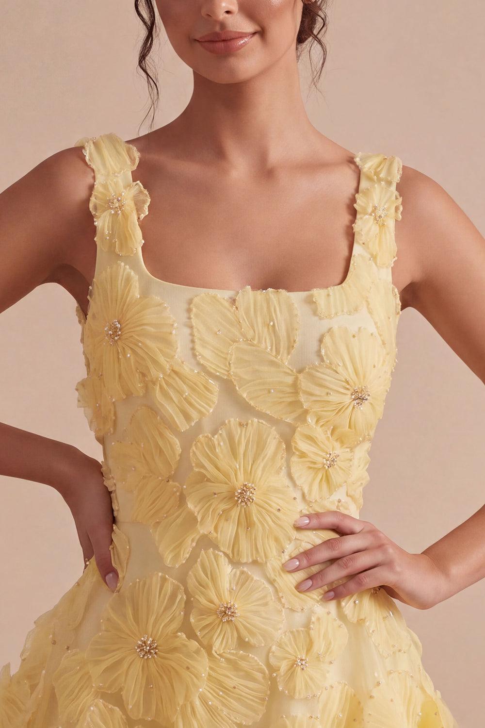 Floral A Line Beaded Light Yellow Bubble Short Homecoming Dress