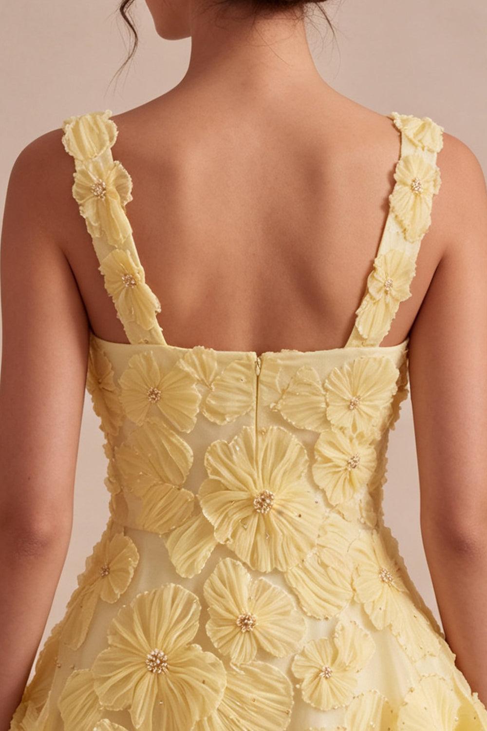 Floral A Line Beaded Light Yellow Bubble Short Homecoming Dress
