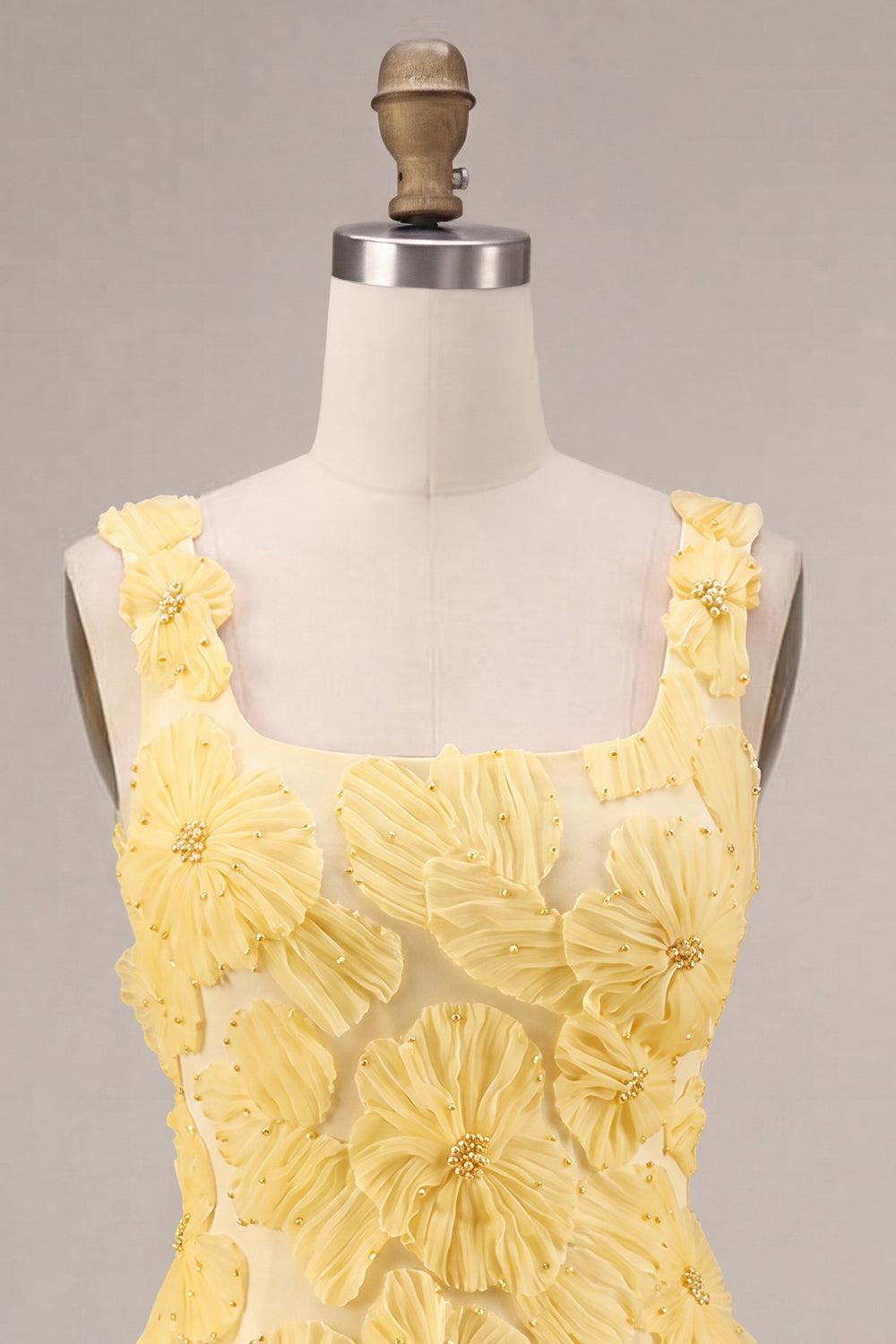 Floral A Line Beaded Light Yellow Bubble Short Homecoming Dress