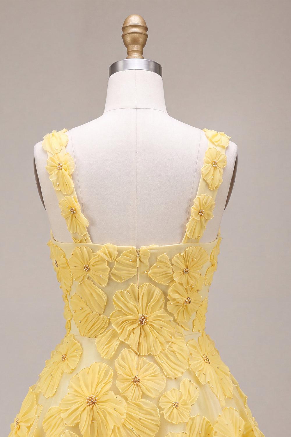 Floral A Line Beaded Light Yellow Bubble Short Homecoming Dress