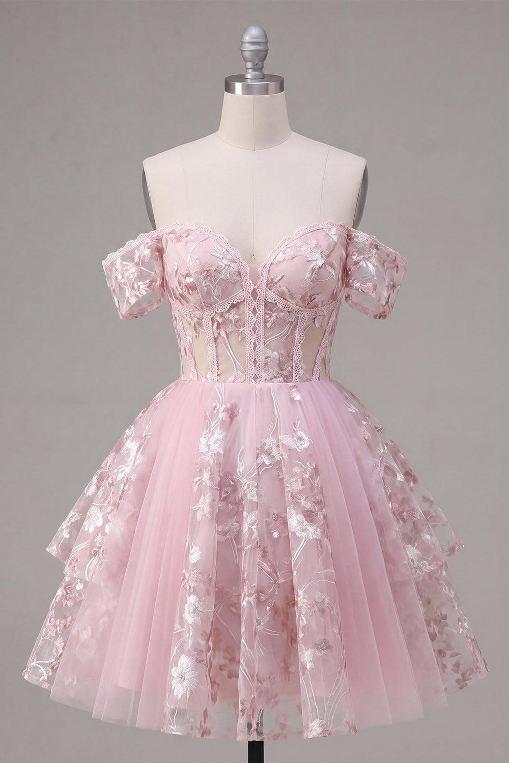 Floral A Line Off The Shoulder Corset Short Pink Homecoming Dress