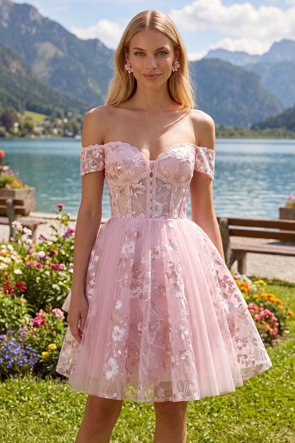 Floral A Line Off The Shoulder Corset Short Pink Homecoming Dress