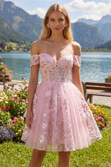 Floral A Line Off The Shoulder Corset Short Pink Homecoming Dress