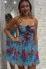 Floral A Line Ruched Strapless Short Homecoming Dress