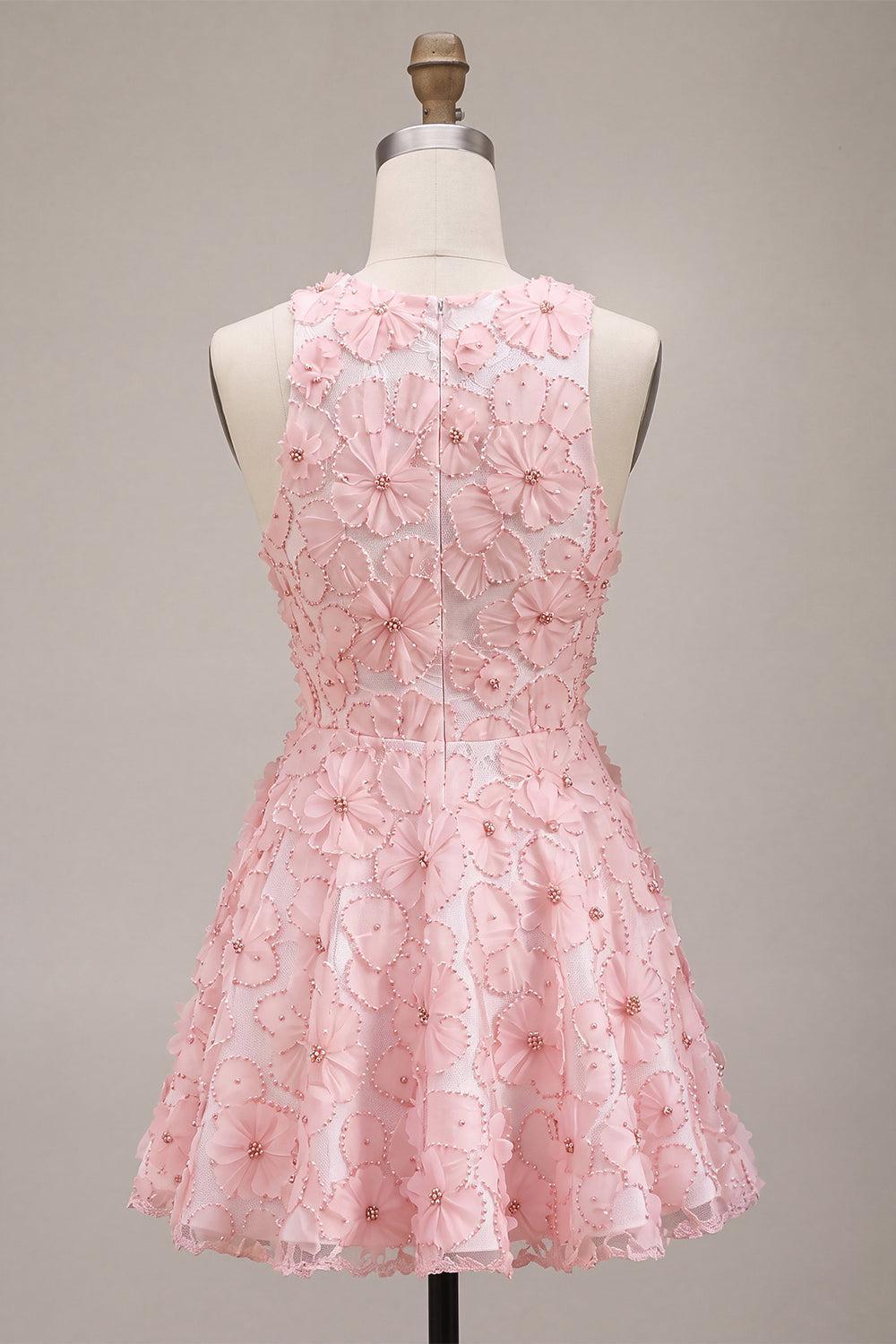 Floral Beaded Pink A Line Round Neck Short Homecoming Dress