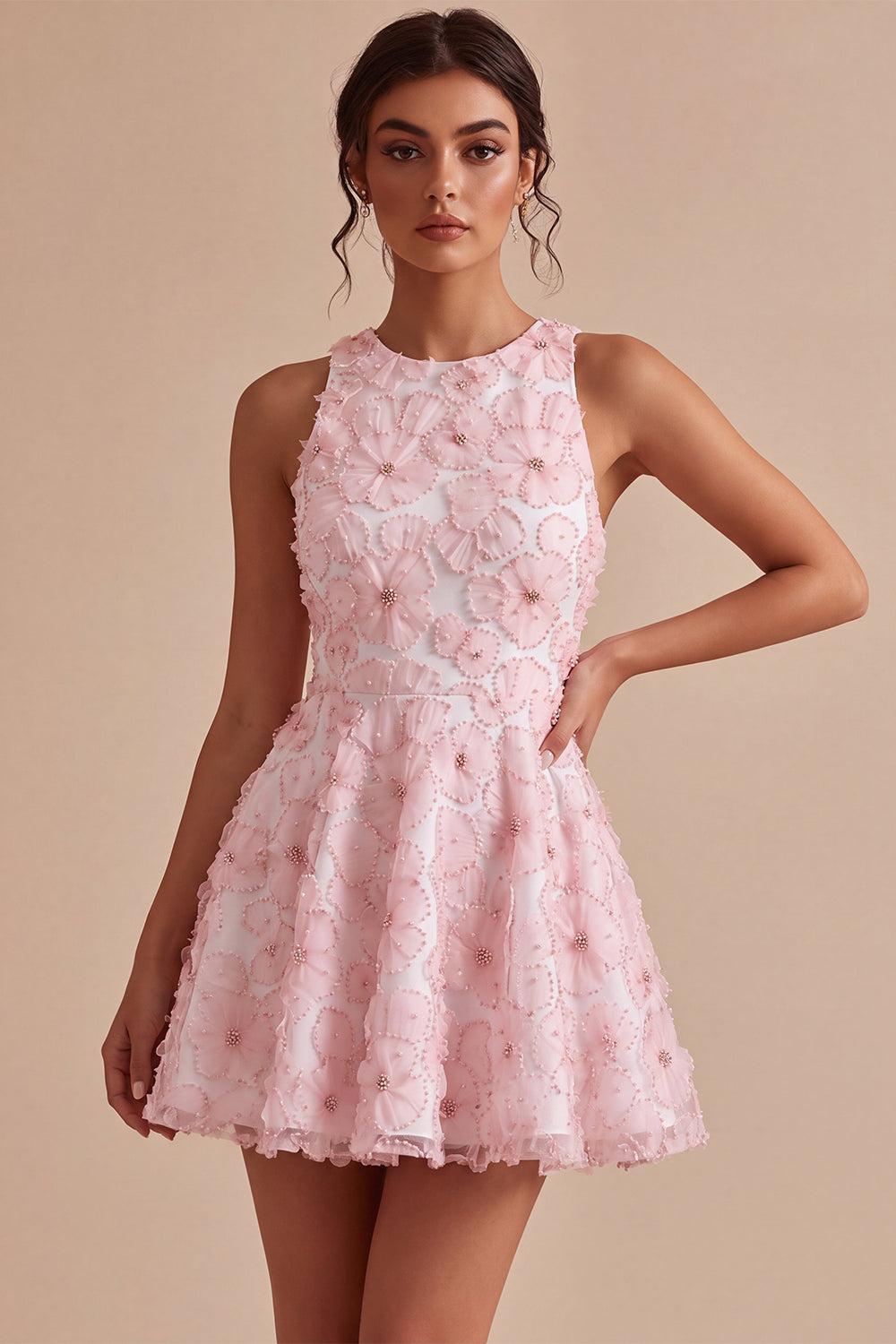 Floral Beaded Pink A Line Round Neck Short Homecoming Dress