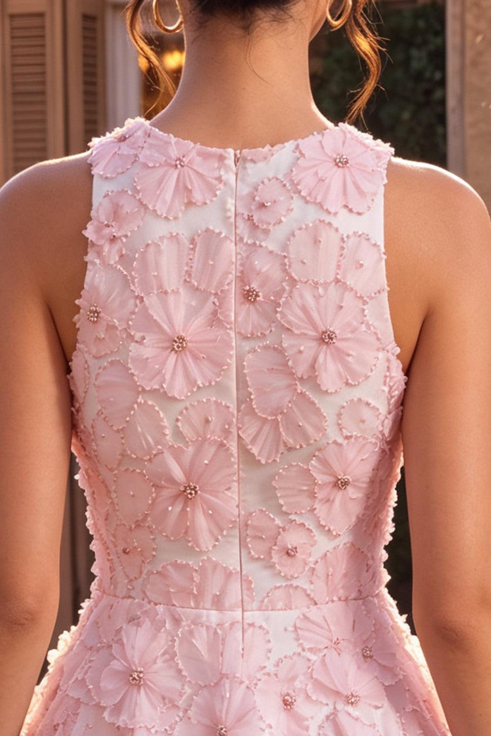 Floral Beaded Pink A Line Round Neck Short Homecoming Dress