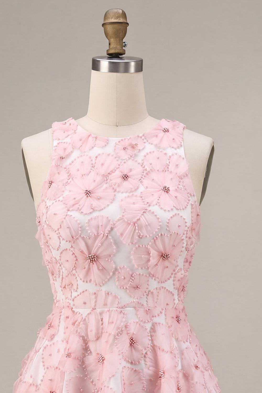 Floral Beaded Pink A Line Round Neck Short Homecoming Dress