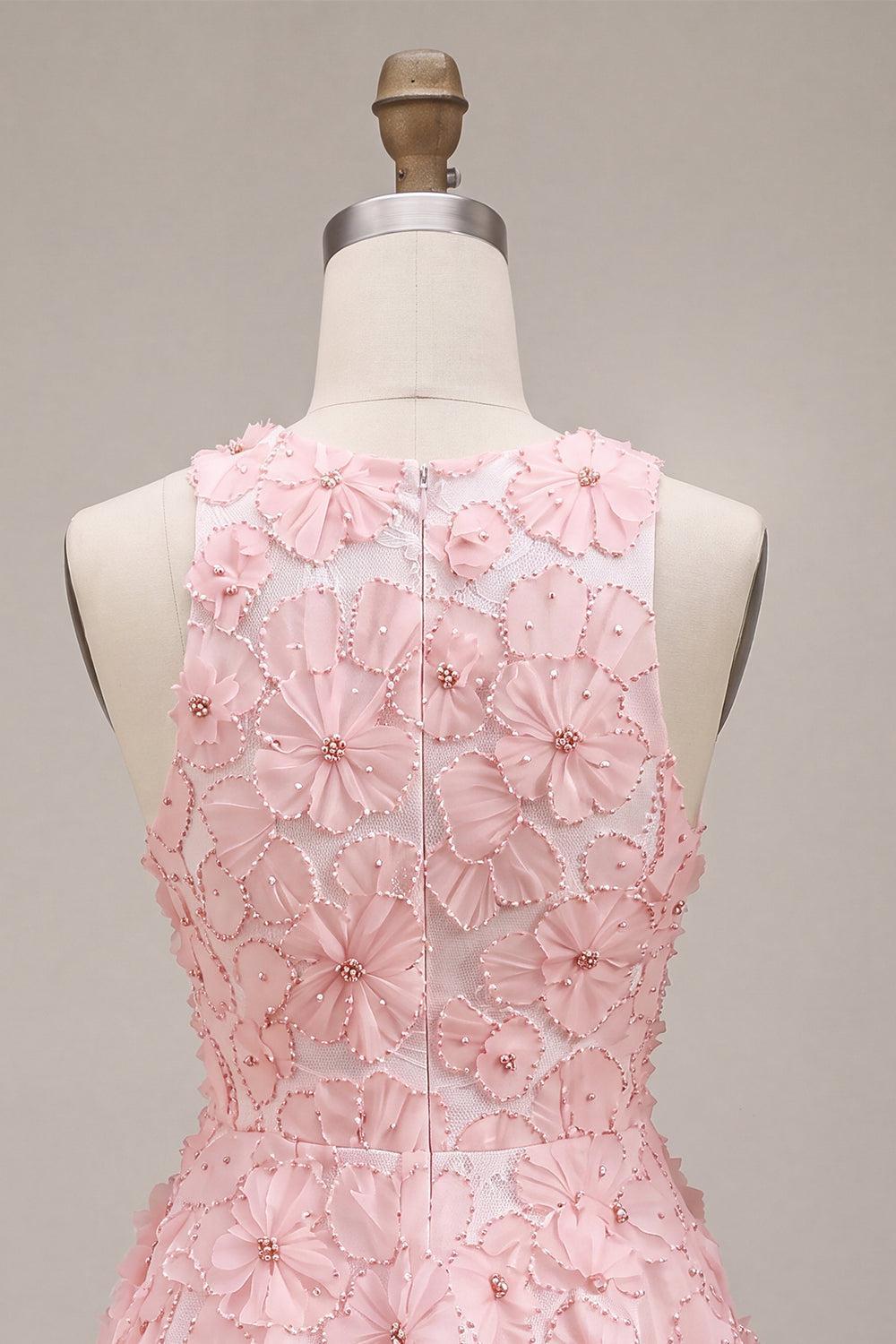 Floral Beaded Pink A Line Round Neck Short Homecoming Dress