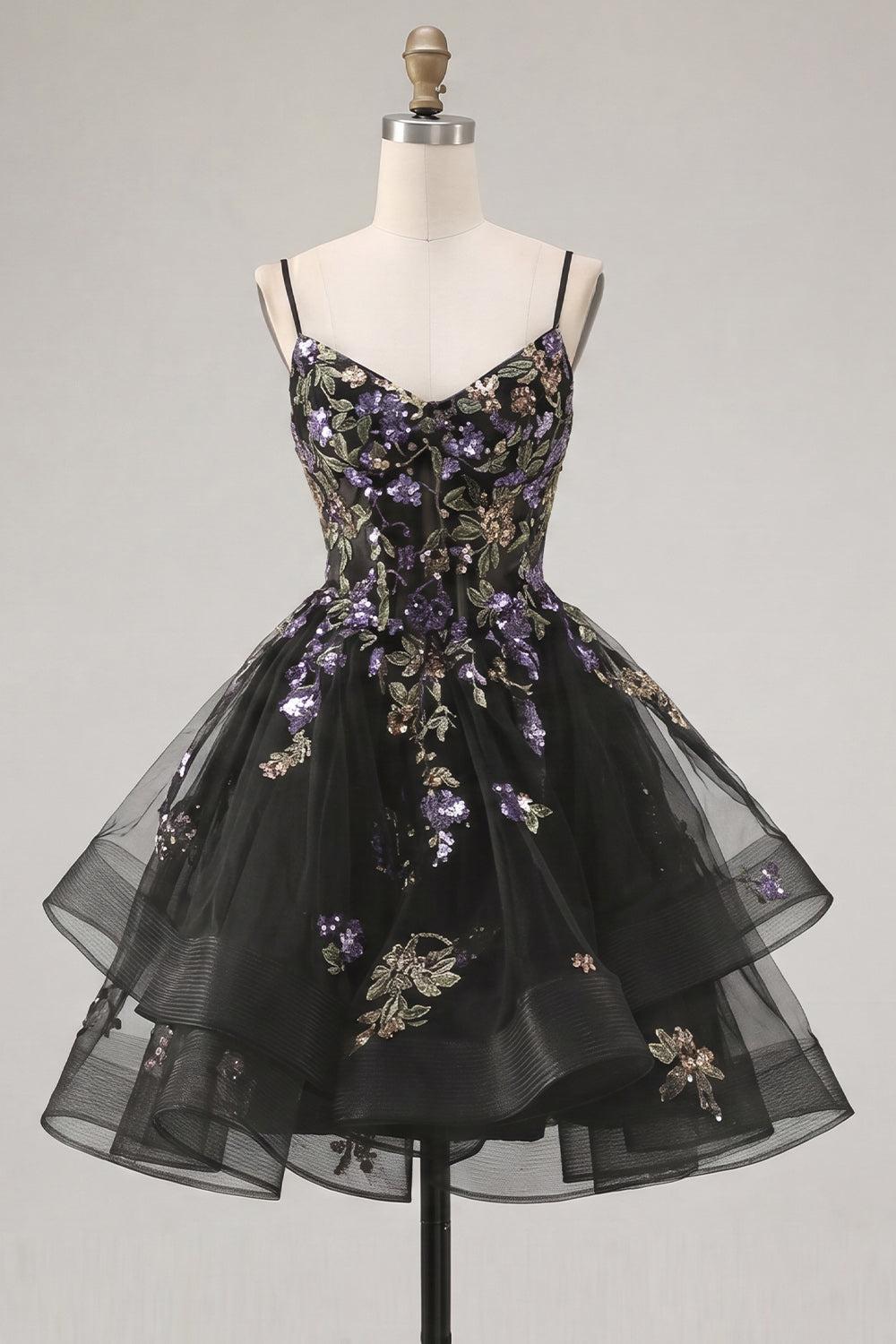 Floral Black A-Line Ruffled Short Corset Homecoming Dress