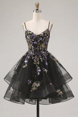 Floral Black A-Line Ruffled Short Corset Homecoming Dress