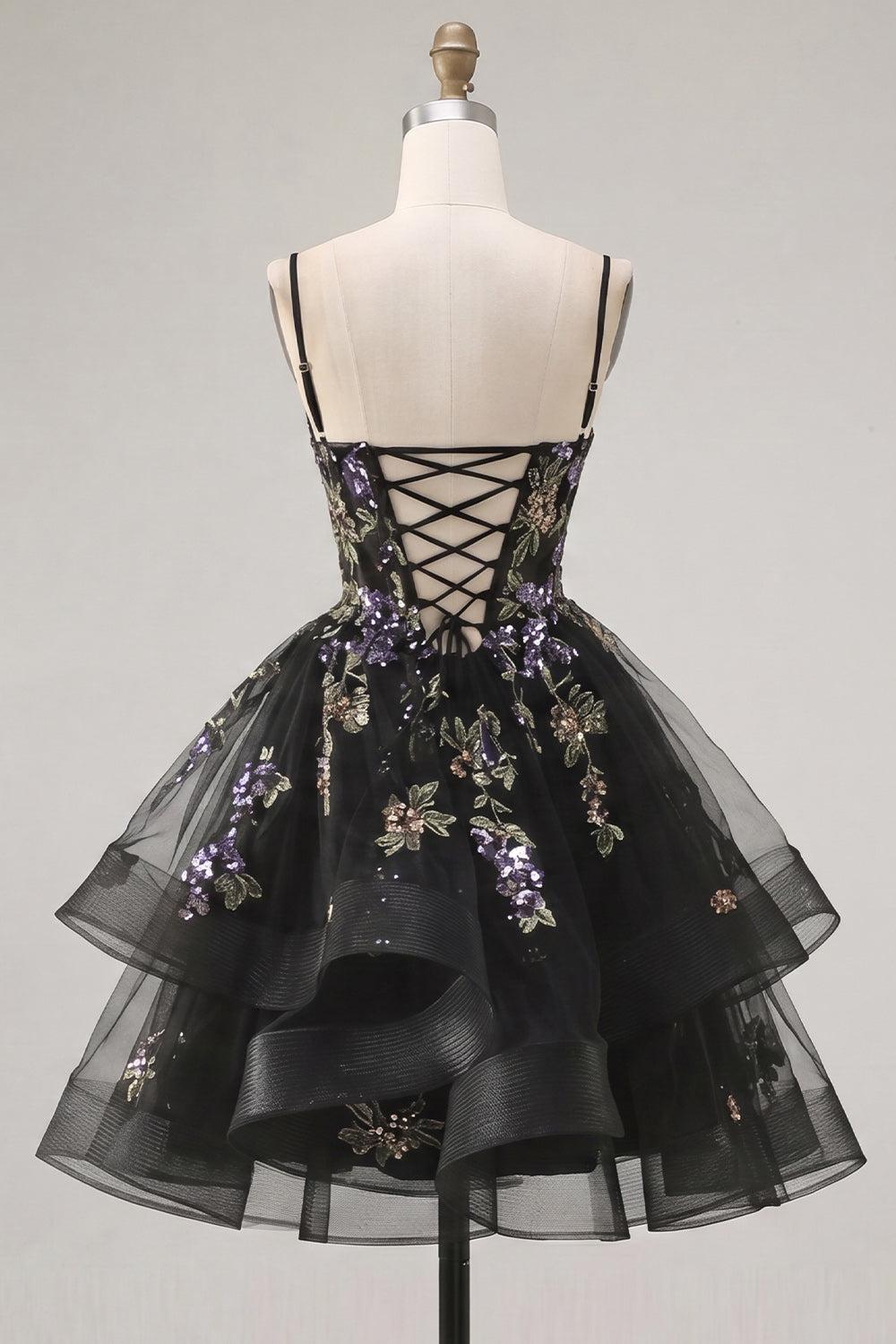 Floral Black A-Line Ruffled Short Corset Homecoming Dress