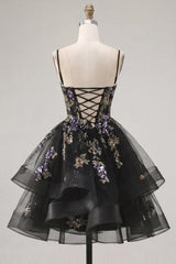 Floral Black A-Line Ruffled Short Corset Homecoming Dress