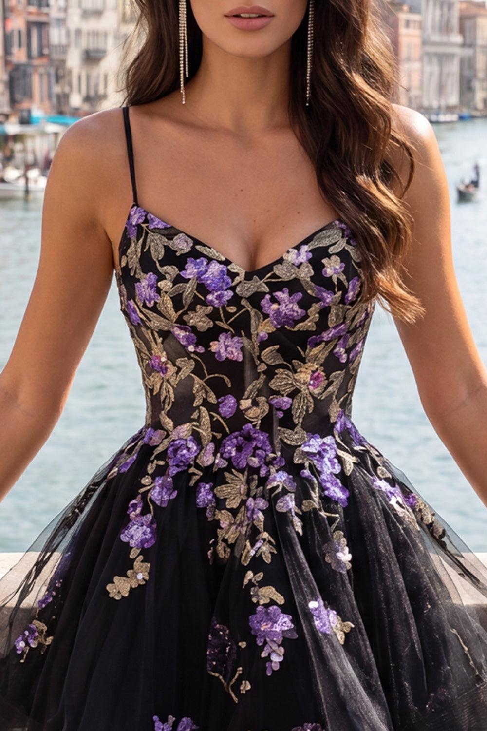 Floral Black A-Line Ruffled Short Corset Homecoming Dress