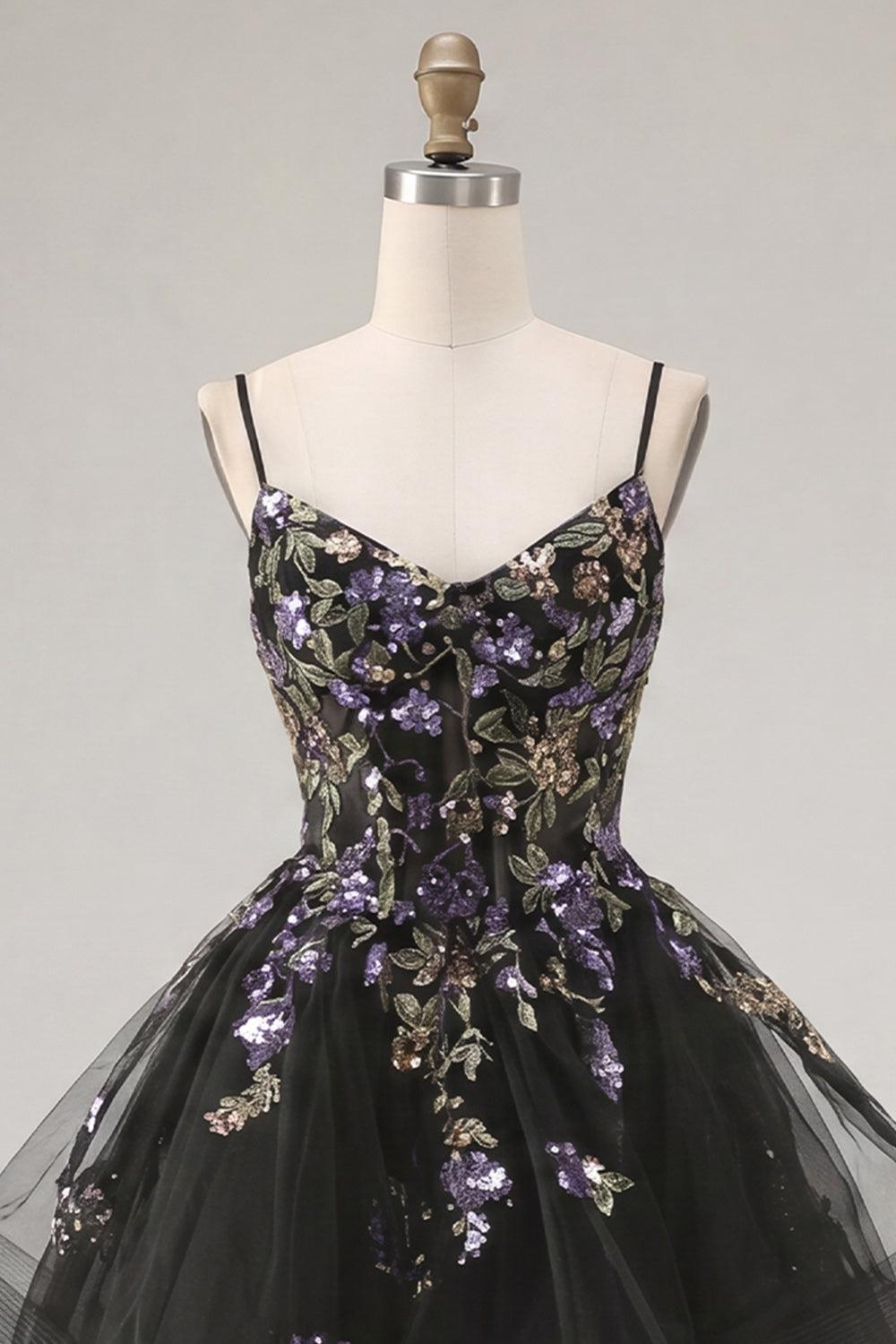 Floral Black A-Line Ruffled Short Corset Homecoming Dress