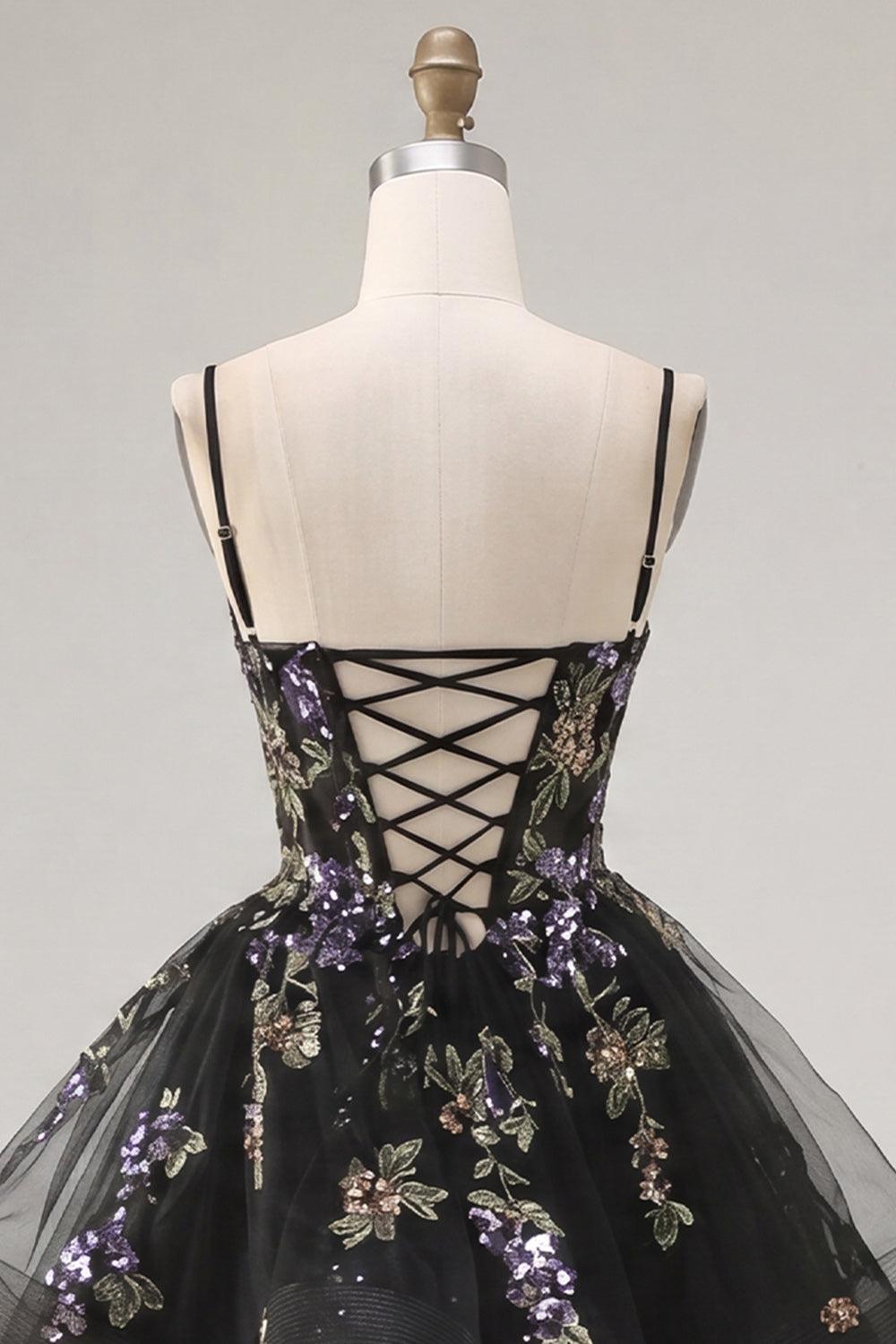 Floral Black A-Line Ruffled Short Corset Homecoming Dress
