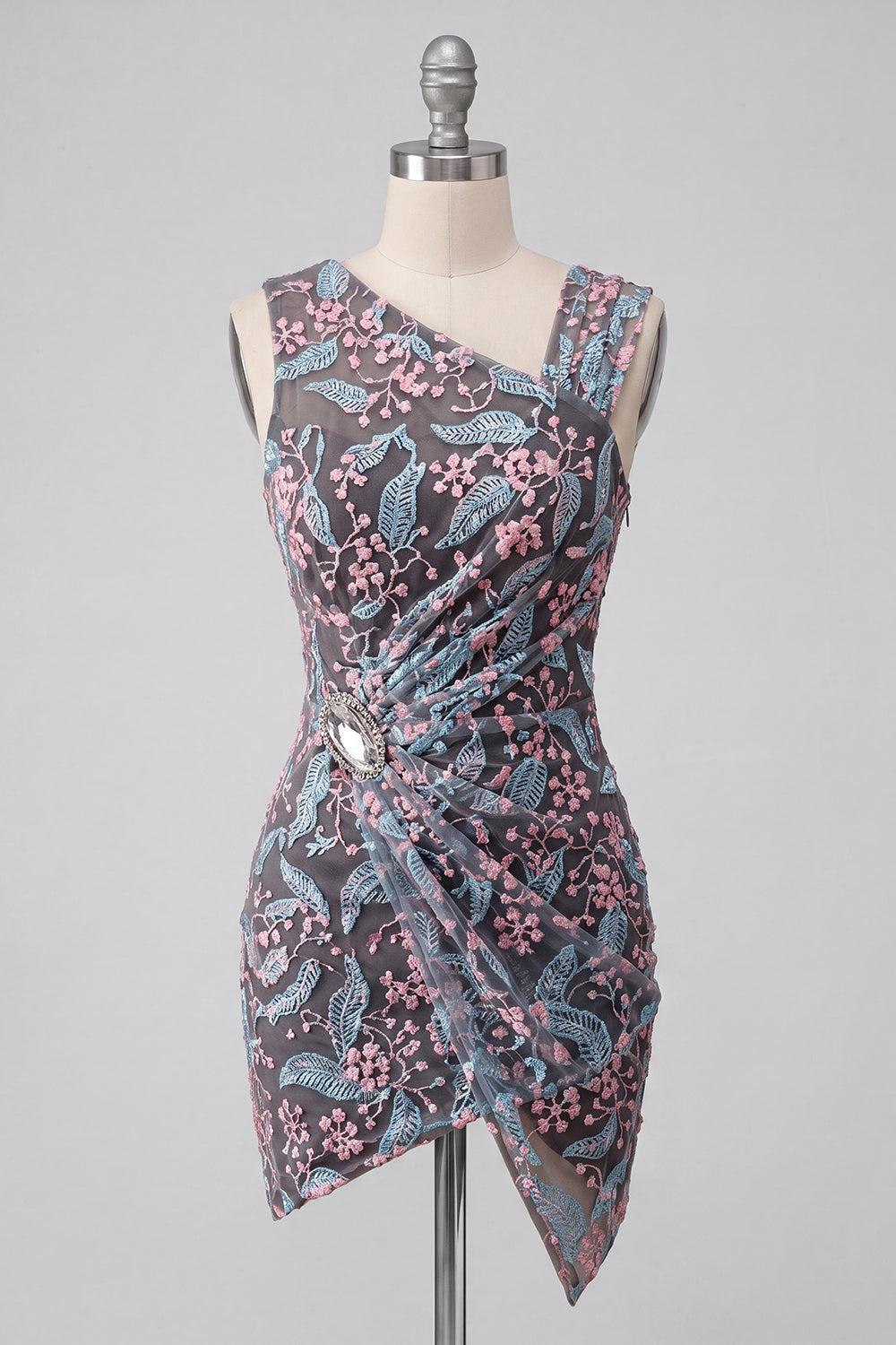 Floral Black Ruched Tight Short Homecoming Dress with Rhinestone