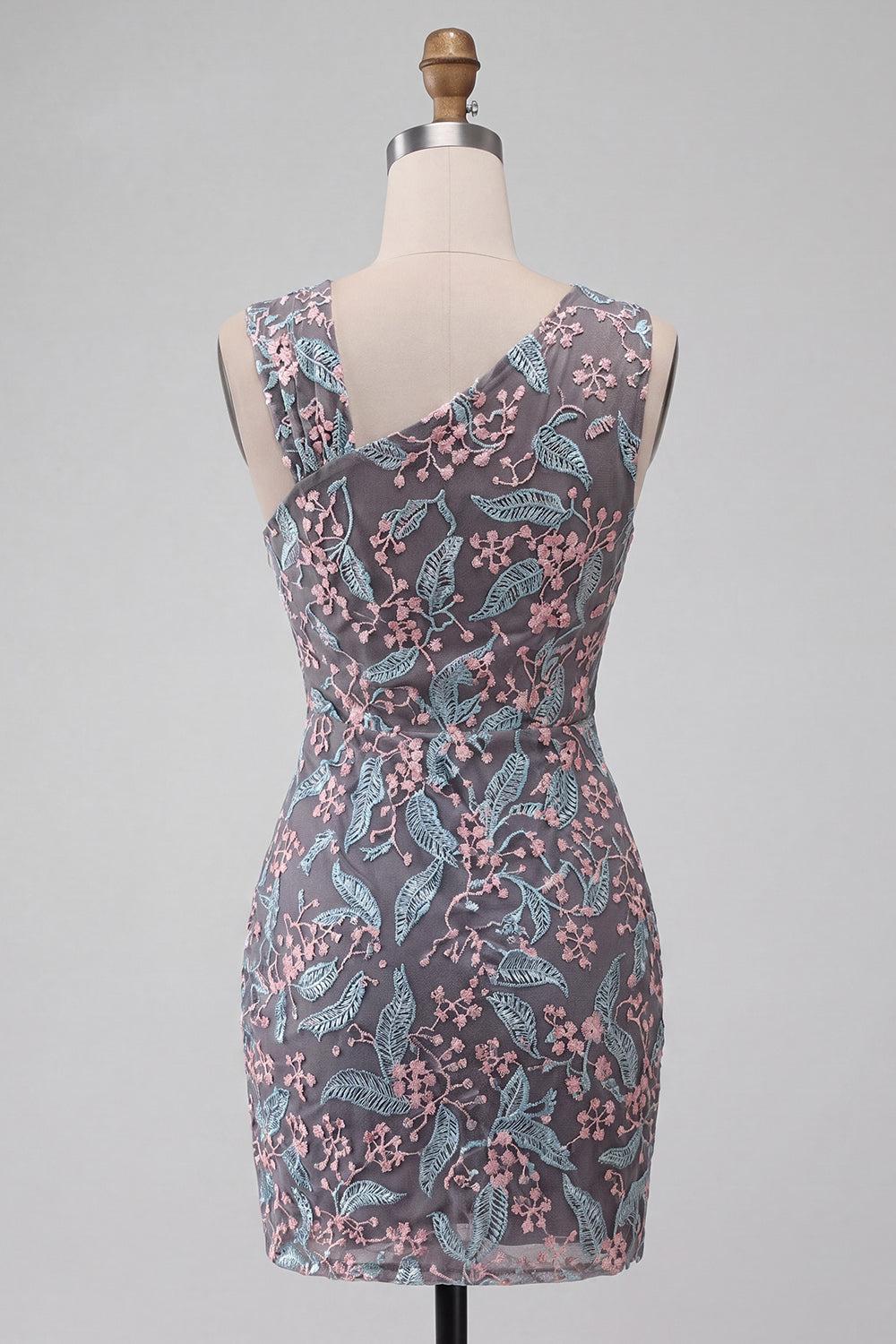 Floral Black Ruched Tight Short Homecoming Dress with Rhinestone