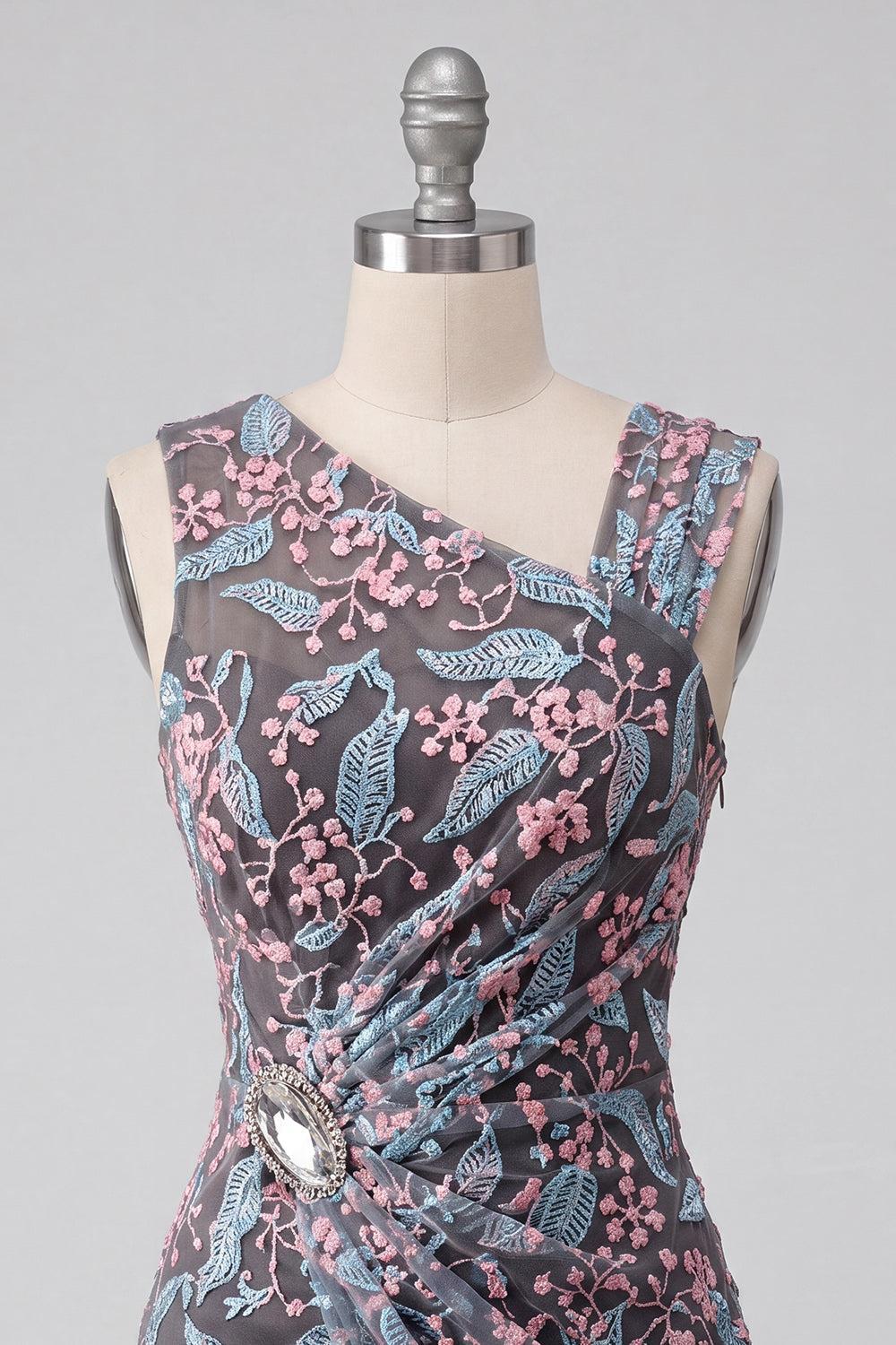 Floral Black Ruched Tight Short Homecoming Dress with Rhinestone