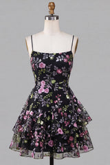 Floral Black Ruffled A Line Tiered Short Homecoming Dress