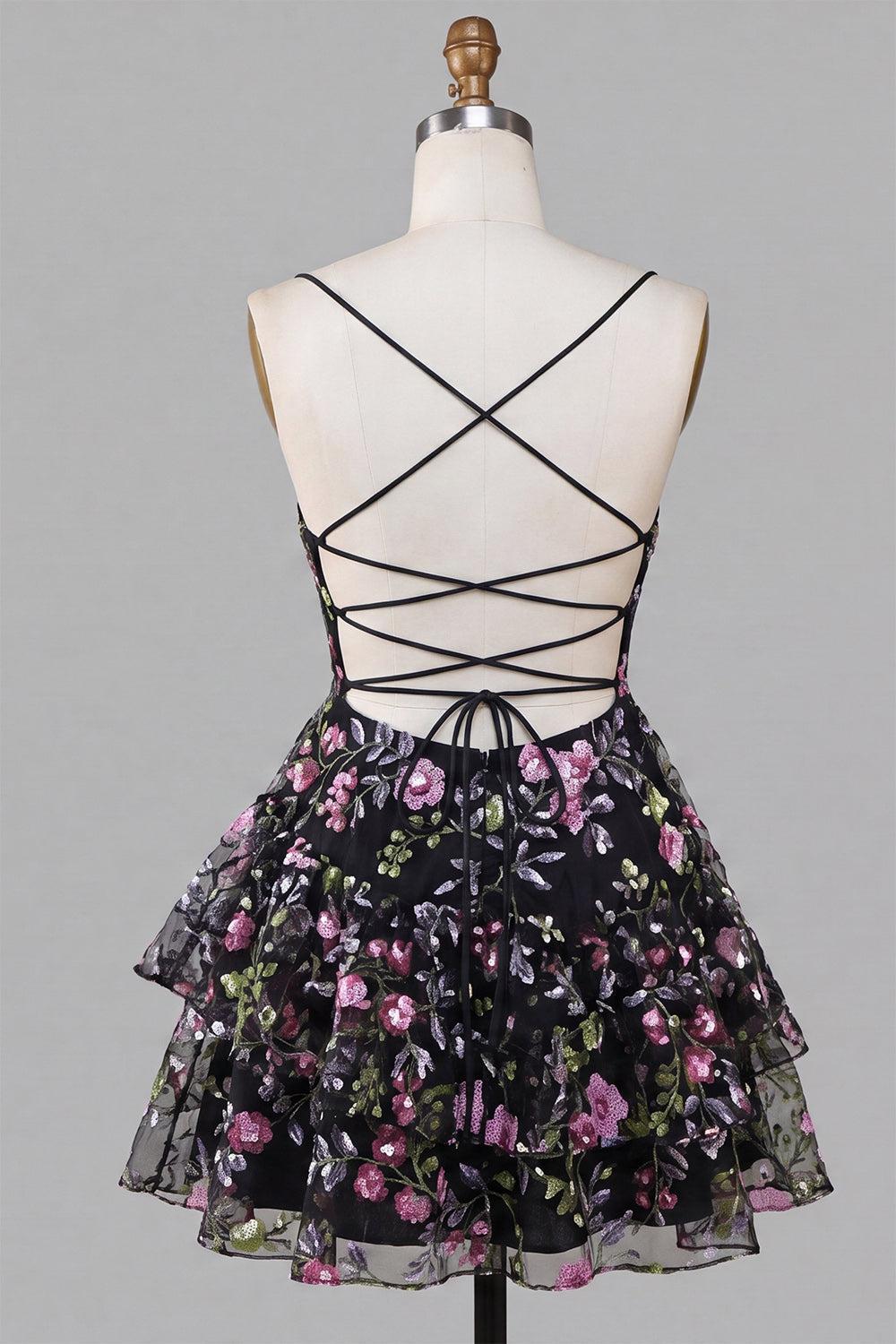 Floral Black Ruffled A Line Tiered Short Homecoming Dress
