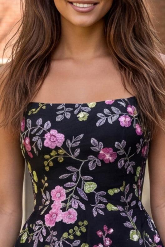 Floral Black Ruffled A Line Tiered Short Homecoming Dress