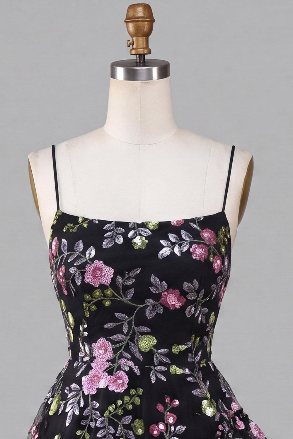 Floral Black Ruffled A Line Tiered Short Homecoming Dress