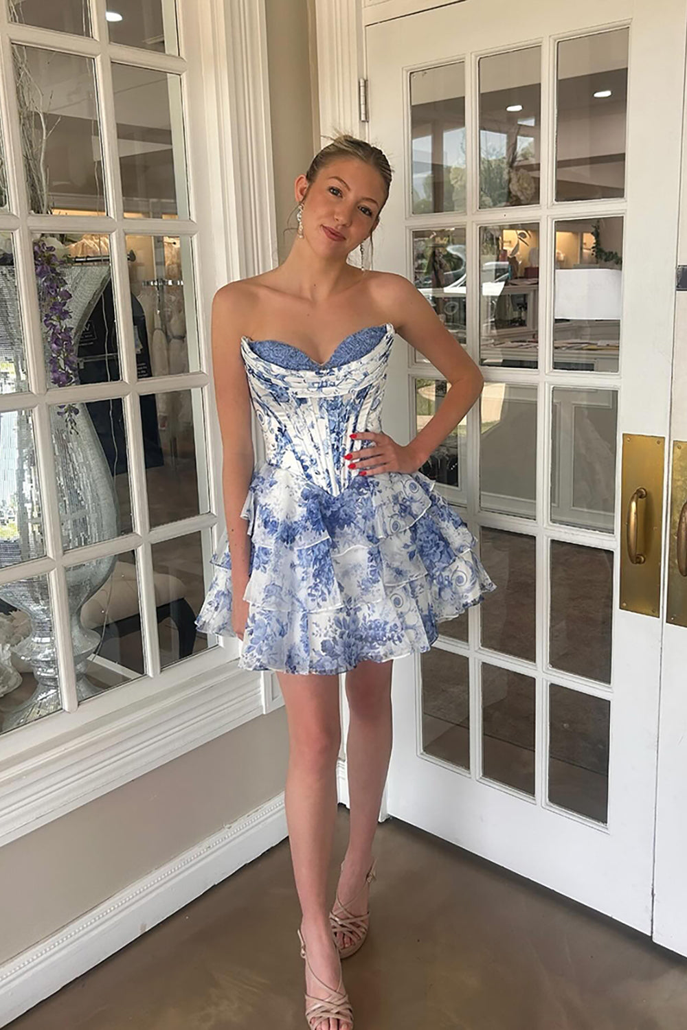 Floral Blue Corset A Line Homecoming Dresses Short Cocktail Dresses With Ruffles