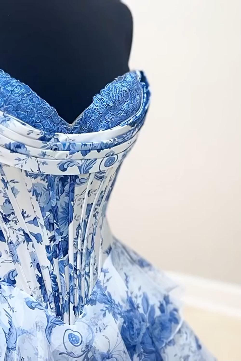 Floral Blue Corset A Line Homecoming Dresses Short Cocktail Dresses With Ruffles