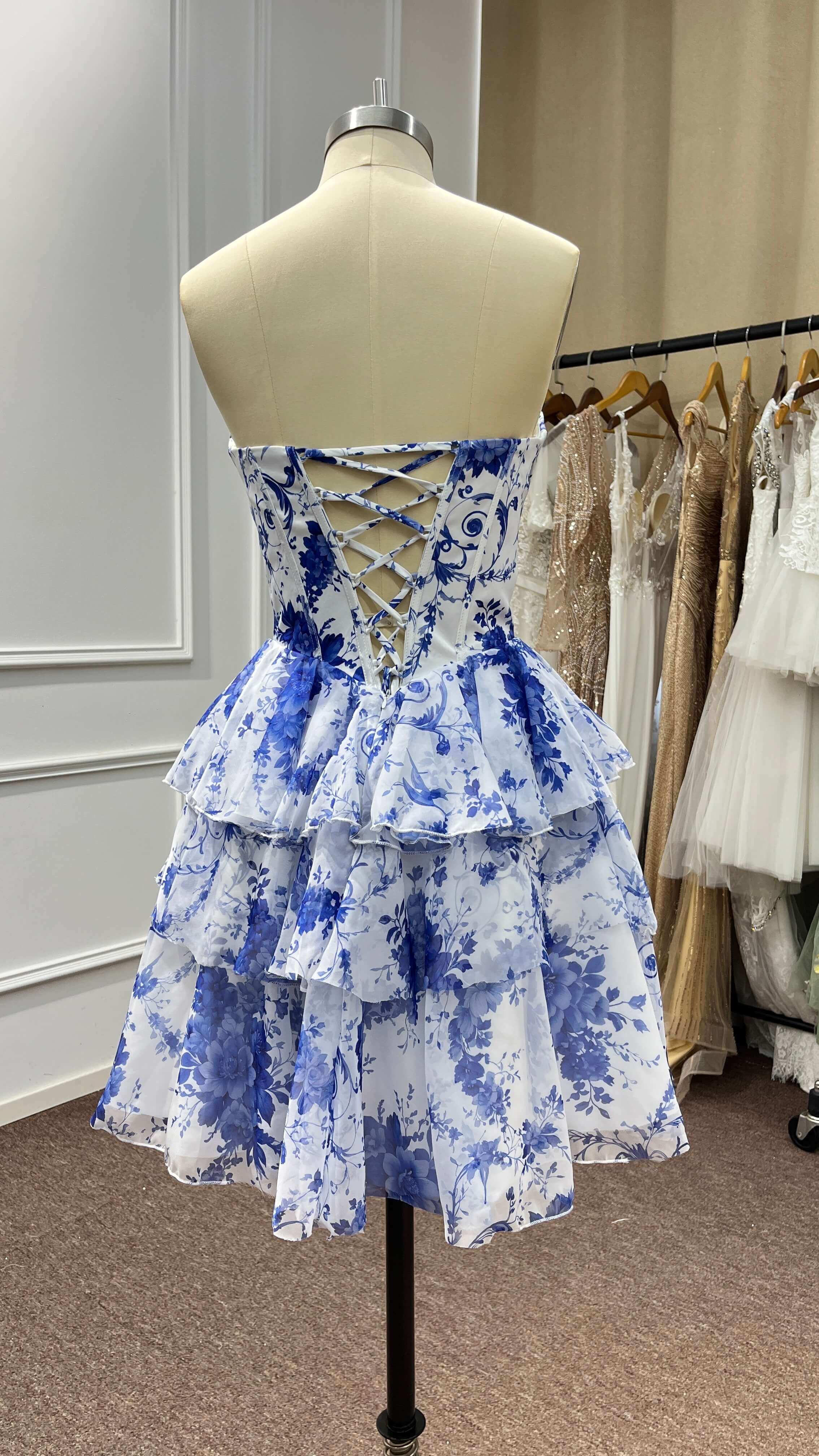 Floral Blue Corset A Line Homecoming Dresses Short Cocktail Dresses With Ruffles