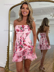 Floral Bodycon Strapless Short Ruffled Homecoming Dress with Bow