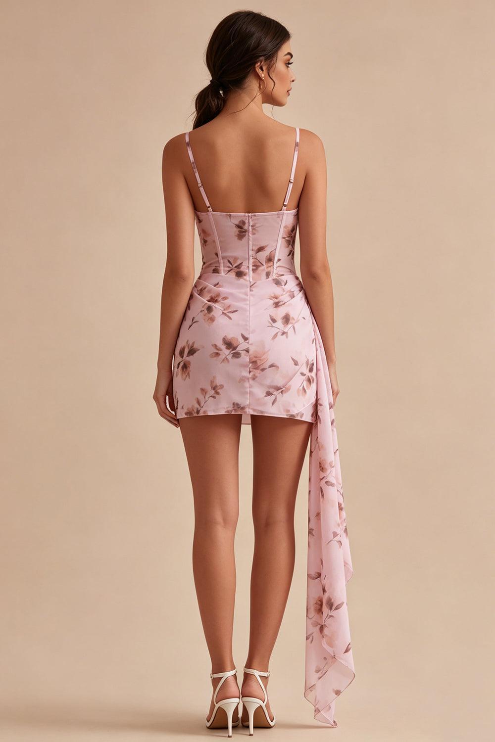 Floral Corset Pink Ruched Tight Short Homecoming Dress with Sash