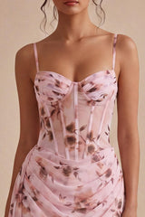 Floral Corset Pink Ruched Tight Short Homecoming Dress with Sash
