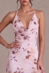 Floral Cowl Neck Asymmetrical Pink Homecoming Dress with Ruffles