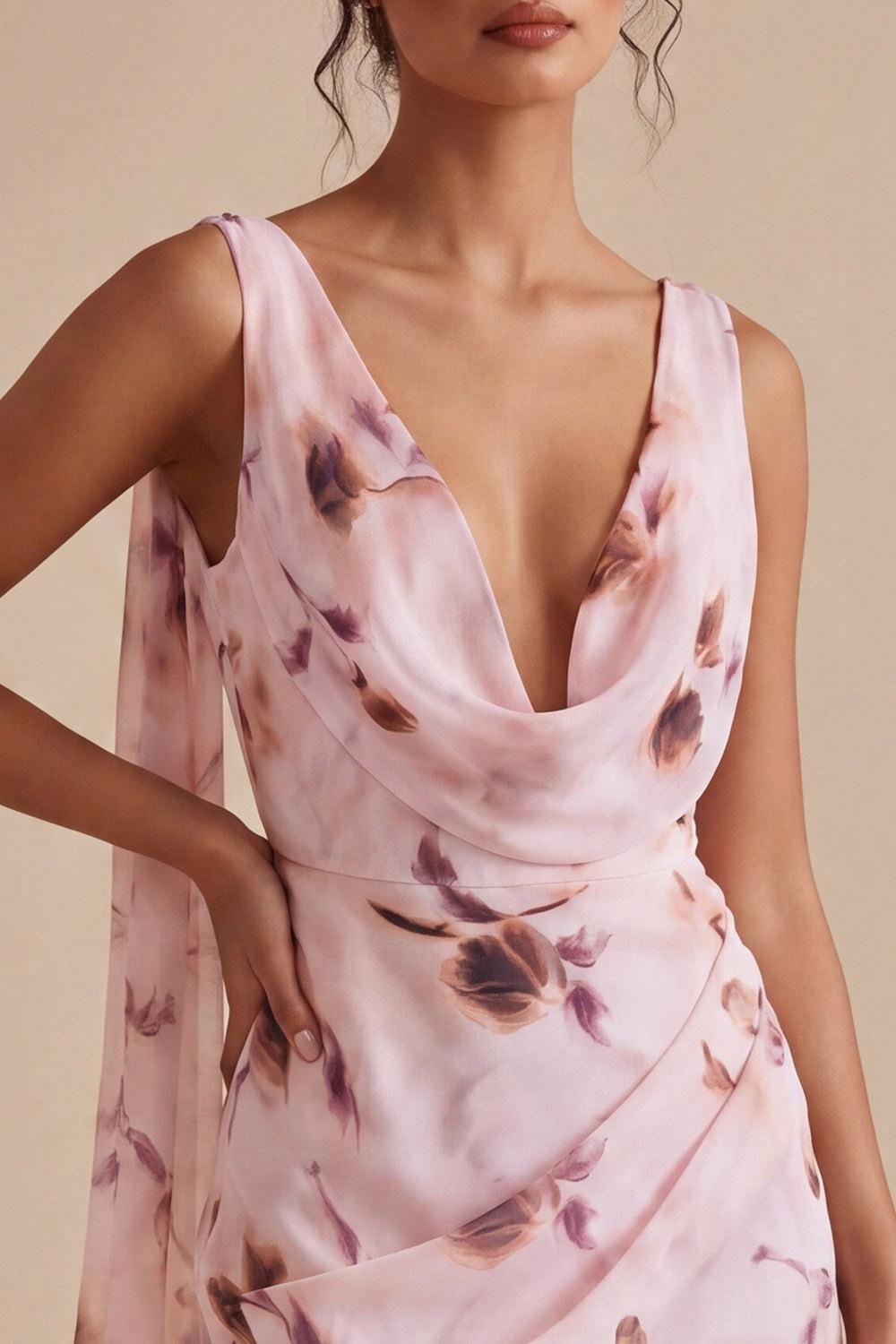 Floral Cowl Neck Pink Ruched Tight Short Homecoming Dress with Sash