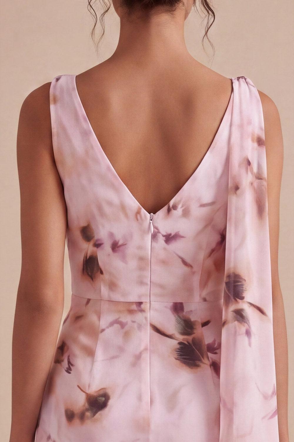 Floral Cowl Neck Pink Ruched Tight Short Homecoming Dress with Sash