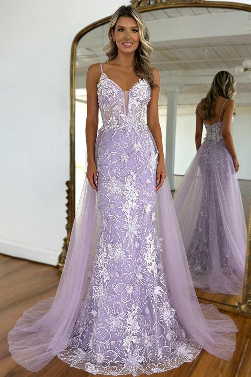 Lavender floral embroidered mermaid prom dress with sheer V-neck bodice and spaghetti straps