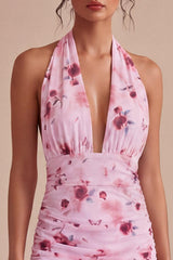 Floral Halter Pink Ruched Tight Short Homecoming Dress with Bow