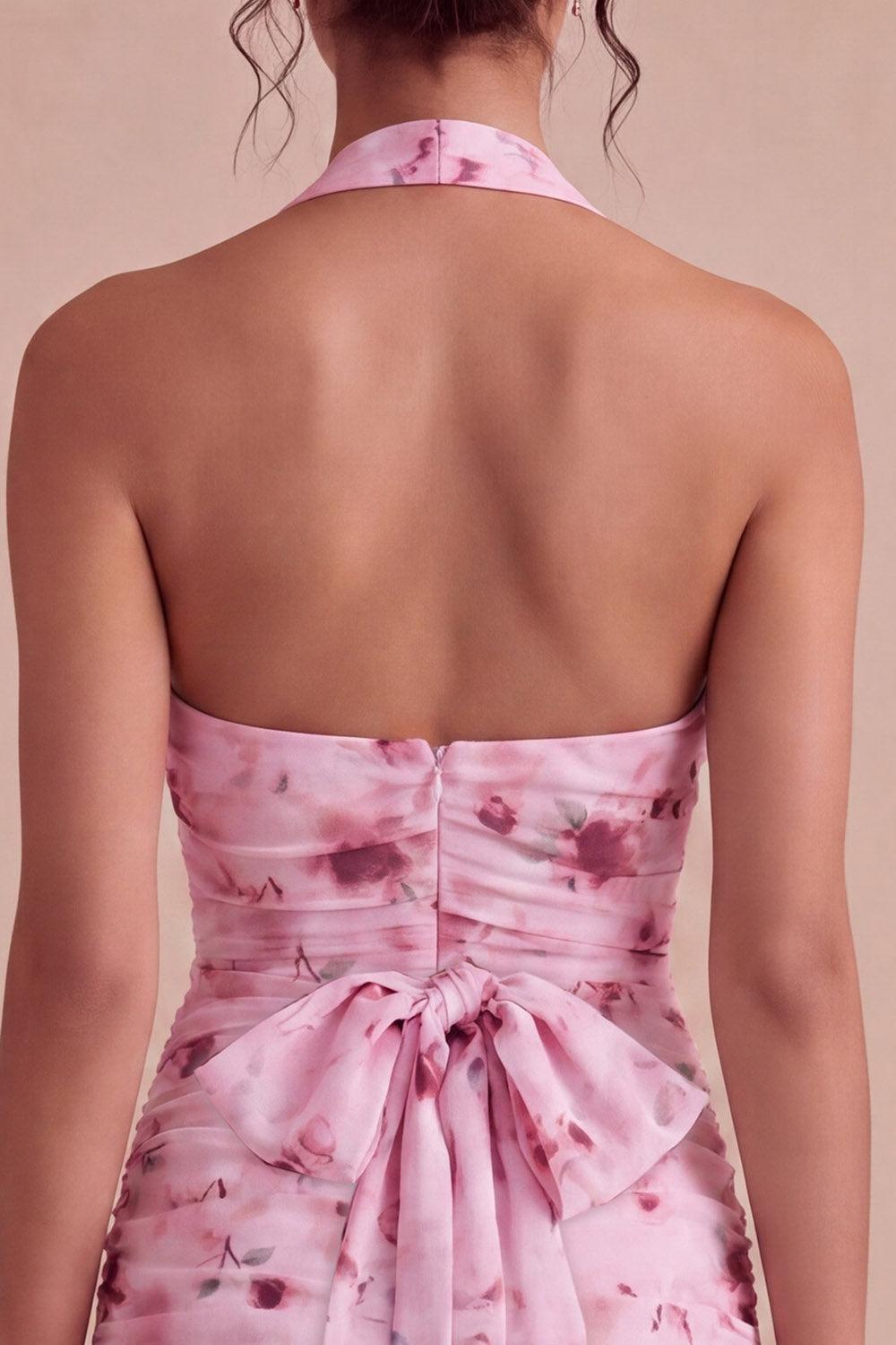 Floral Halter Pink Ruched Tight Short Homecoming Dress with Bow