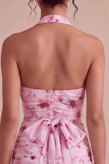 Floral Halter Pink Ruched Tight Short Homecoming Dress with Bow