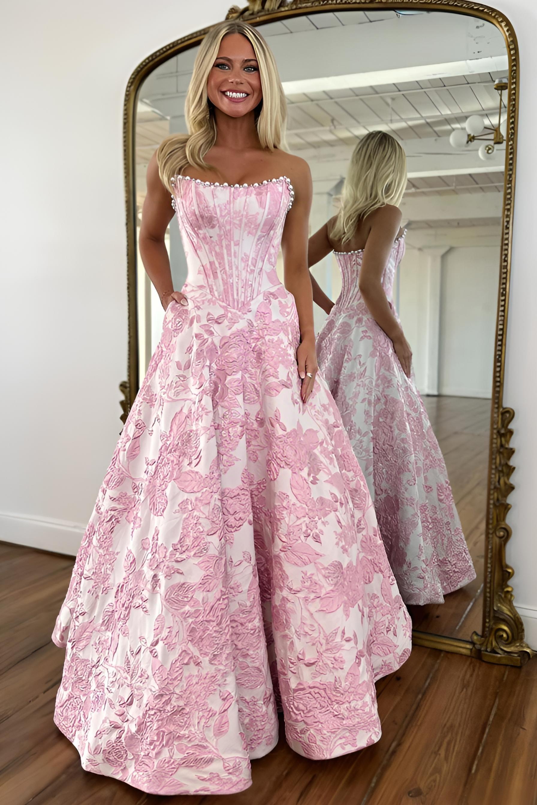 Blush pink floral jacquard ball gown prom dress with pearl neckline and full pleated skirt
