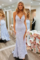 Floral Lavender Lace Spaghetti Straps Lace Up Prom Gown With Slit Formal Evening Gown