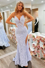 Floral Lavender Lace Spaghetti Straps Lace Up Prom Gown With Slit Formal Evening Gown
