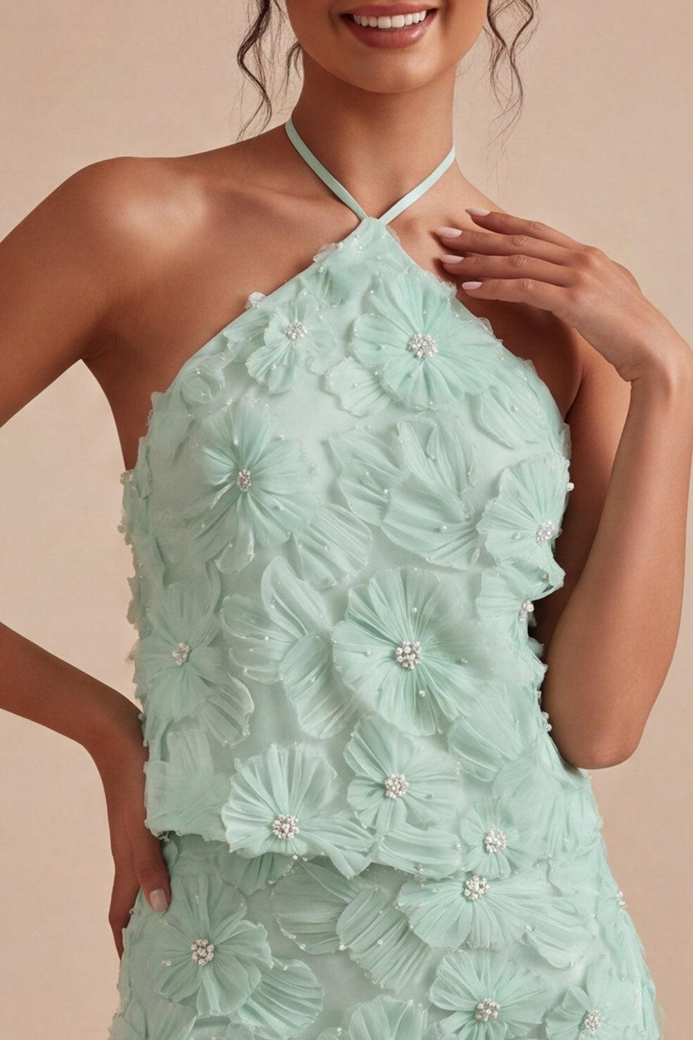 Floral Mint Green Halter 2 Piece Short Tight Homecoming Dress